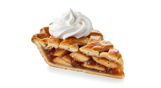 A slice of apple pie with whipped cream isolated on white background