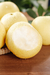 Fresh White Crown Pears from Hebei - Crisp Fragrant Fruit on Wooden Background
