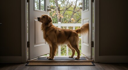 Golden retriever dog standing in open doorway with natural light and outdoor view