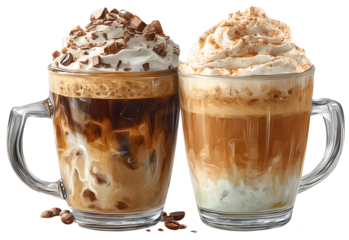 Caffeine drink in glass, isolated realistic coffee beverages with foam and whipped cream. Vector isolated cafe or restaurant, mug served with ice and cinnamon powder. Cocoa and latte, americano