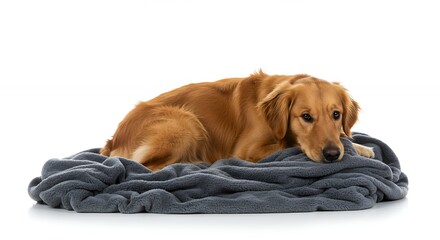 Golden retriever relaxing on soft gray blanket isolated on white background