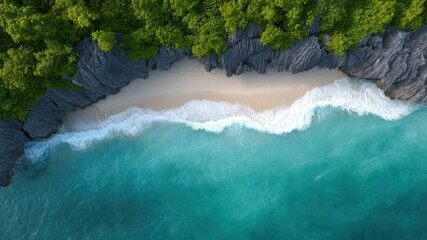Aerial view turquoise ocean waves crash on white sand beach bordered by lush green forest and dramatic rocky cliffs, peaceful and vibrant