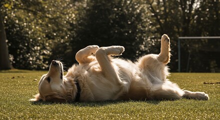 Golden retriever relaxing outdoors on green grass under sunlight