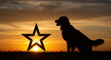 Golden retriever silhouette with star against sunset sky