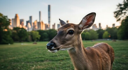 Fototapeta premium Deer grazing in a green field with city skyline in the background