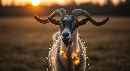 Majestic goat illuminated by golden light in natural outdoor setting