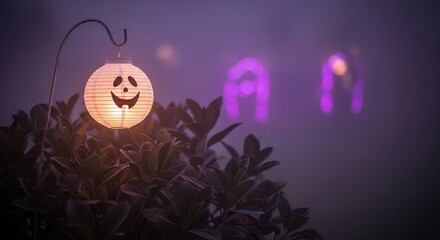Lit jackolantern paper lantern amidst foliage against blurry purple lights evoking a spooky ambience