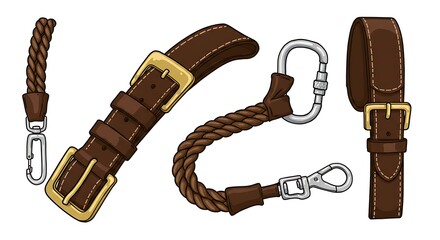 Set of leather accessories with metal buckles and carabiners on white background