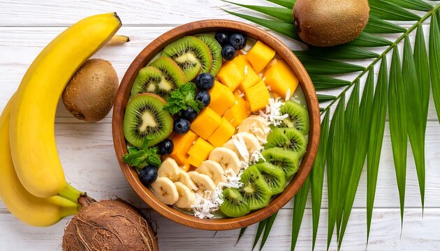 Colorful fruit bowl with banana, kiwi, mango, blueberries
