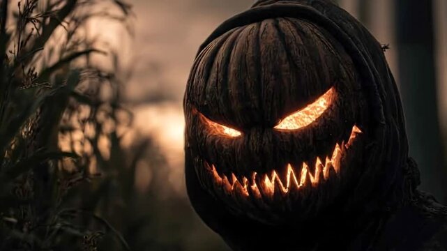 A Gloomy Halloween Pumpkin in a Cornfield