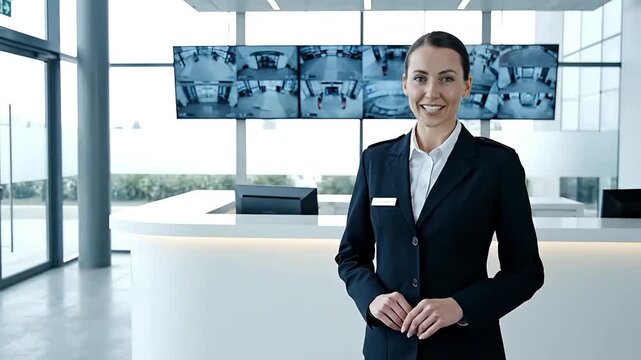 Smiling female security professional monitors surveillance system in a modern office lobby This confident woman at the reception desk provides safety and a welc