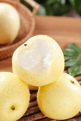 Fresh White Crown Pears from Hebei - Peeled Sweet Juicy Fruit on Wooden Background