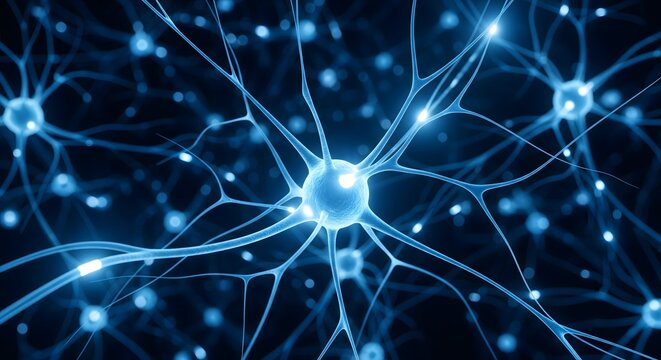 Abstract Neural Network Connections with Glowing Blue Synapses &ndash; Concept of Artificial Intelligence, Brain Activity, Deep Learning, and Digital Data Communication in Modern Technology