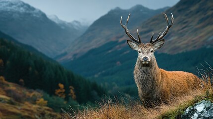 Obraz premium Deer with antlers stands in a mountain landscape with cloudy sky.