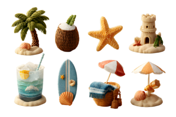 Beach and summer 3d icon set – vibrant vacation symbols for travel planning, seaside fun, and relaxation: palm tree, coconut drink, starfish, beach towel, sandcastle, surfboard, seashell, umbrella