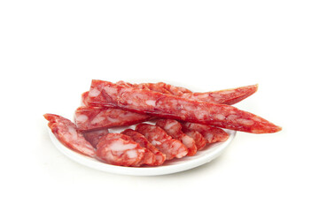 Cantonese Air-Dried Sweet Sausage Slices on White Plate - Traditional Chinese Preserved Meat