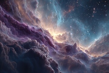 Vibrant cosmic nebula abstract background with dramatic swirling clouds of interstellar gas and distant stars