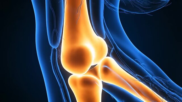 Dynamic 3D Animation of Human Elbow Joint Anatomy in Motion, Illustrating Bone Structure and Ligaments.