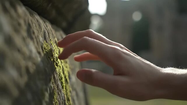 Close-up of a gentle hand delicately touching vibrant green moss on an ancient weathered stone wall bathed in warm natural sunlight evoking connection nature an