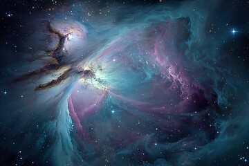 A breathtaking cosmic nebula with swirling blue and purple gas clouds and brilliant stars