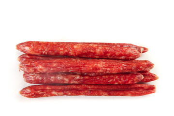 Traditional Cantonese Sweet Spicy Air-Dried Sausages Stack Isolated White Background Asian Cuisine Food Photography