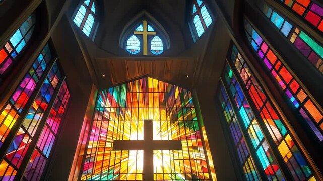 Stained glass windows with cross in church, creating colorful light display.