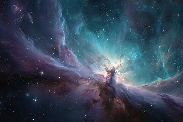Vibrant cosmic nebula with a central explosion of light and a starry field