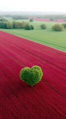Aerial View of Heart Shaped Tree and Red Floral Field with Green Fields and Trees in Background