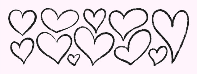 Crayon Hearts. Vector Chalk and Pencil Heart Shape in Black Color. Hand Drawn Doodle Love Icon Set in Kids Style for Web Design, Patterns, Logos, Valentines Day Cards