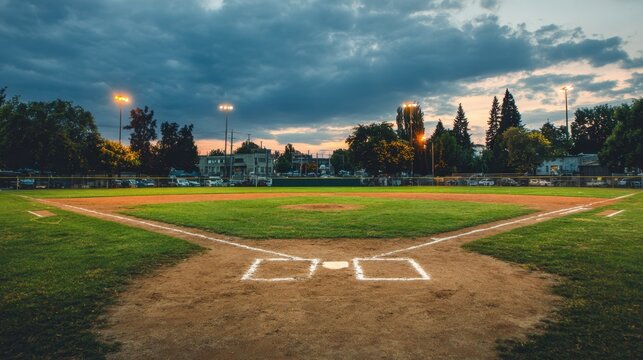 Scenic View of a Baseball Field at Dusk with Dramatic Sky and Illuminated Outfield Lights