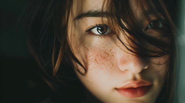 Close-Up of a Young Woman's Face with Freckles and Soft Expressions with ai generated
