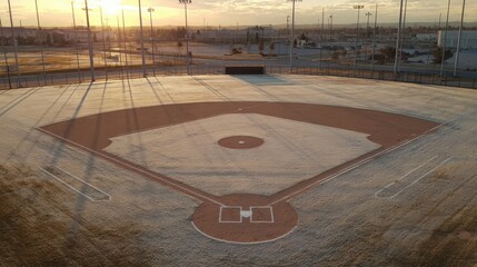 Winter Sunrise at Empty Baseball Field with Frost and Long Shadows on Dirt Diamond