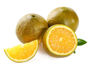 Fresh Orange Citrus Fruits Whole and Sliced with Green Leaf on White Background