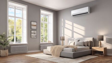 Fototapeta premium Modern Minimalist Bedroom with Cozy Bed, Air Conditioning Unit, and Natural Light from Large Windows