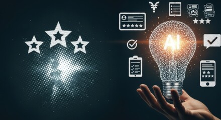 Futuristic brainstorm and AI-powered business solutions. Abstract halftone collage background with large empty copy space. Human hand holds glowing AI lightbulb made of halftone dots and circuit patte