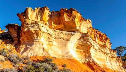 Golden sandstone cliffs under a clear sky