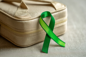 Clean image of a first aid kit featuring a green ribbon symbol, representing access to mental health services during emergencies.