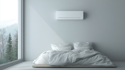 Modern Minimalistic Bedroom with Cozy Bed and White Bedding in a Bright Interior Space with Large Window and Air Conditioner