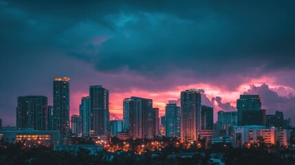 Obraz premium Vibrant City Skyline at Dusk with Dramatic Clouds and Beautiful Sunset Over Skyscrapers and Urban Landscape