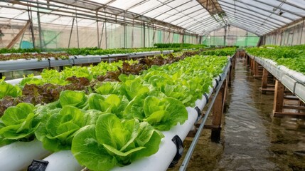 Colorful Hydroponic Greenhouse with Rows of Fresh Green Lettuce Ready for Harvest in a Controlled Environment