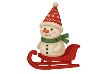 Snowman wearing red hat and green scarf sitting on a red sled, celebrating winter holidays