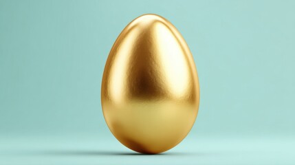 Shiny Golden Egg on Soft Blue Surface, Ideal for Illustrating Wealth, Prosperity, Success, and Luxury Themes in Design Projects