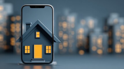 Real Estate Concept with Smartphone Displaying House on Blurred City Background for Innovative Property Search and Modern Living