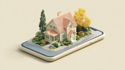 Miniature House Model on Smartphone Screen Surrounded by Lush Greenery and Vibrant Trees