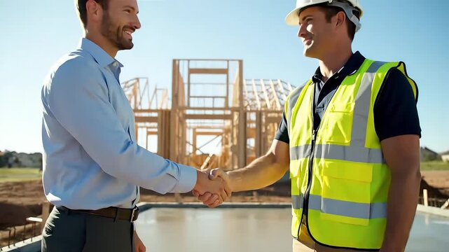 Professional construction manager and client shake hands on site symbolizing successful partnership and agreement for new home building project progress