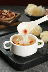 Chinese White Fungus Sweet Soup with Goji Berries and Dates Traditional Dessert