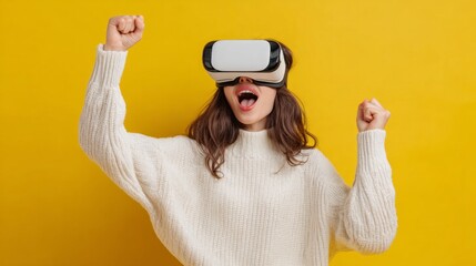 Happy and excited young woman is using VR headset