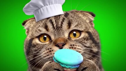 Close Up Portrait of a Tabby Scottish Fold Cat Wearing a White Chef Hat Holds a Colorful Macaron with a Green Background