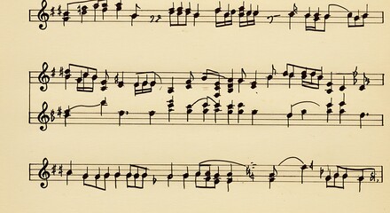 Sheet music with musical notes and symbols against a beige background