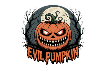 Spooky evil jack o lantern with sharp teeth and glowing eyes surrounded by bare trees and a full moon isolated on a transparent background